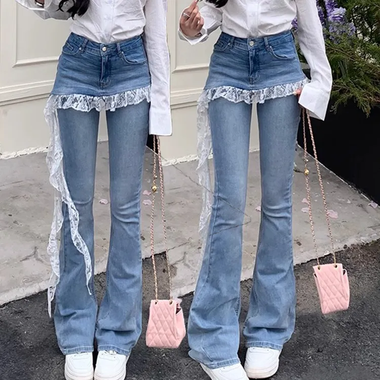 假两件高腰洋气修身显瘦子2025春夏复古蕾丝花边微喇叭牛仔裤女