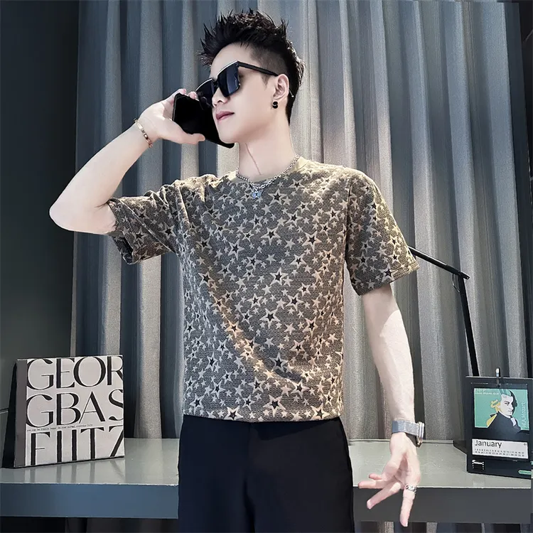 男士短袖t恤夏季新款五角星提花网红洋气炸街男装衣服高级感半袖