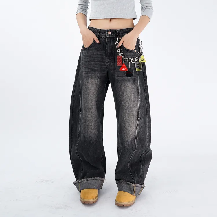 WHATA 美式复古解构做旧弯刀牛仔裤男女潮牌磨毛卷边阔腿宽松长裤