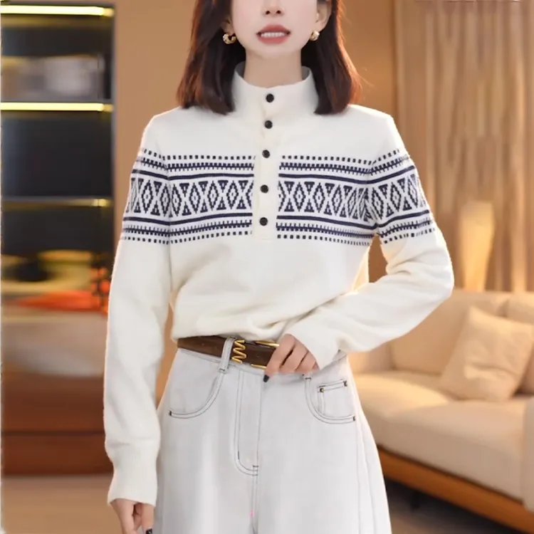 费尔岛提花半高领针织衫女士秋冬新款高级感洋气显瘦内搭毛衣上衣