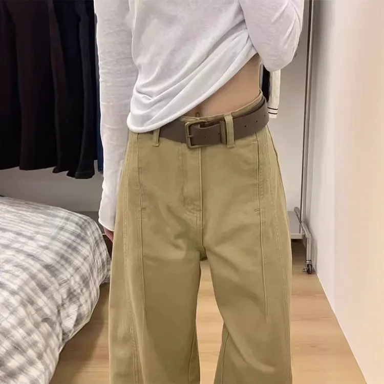 卡其色阔腿弯刀裤女2025年夏季新款高腰宽松显瘦垂感拖地直筒裤子