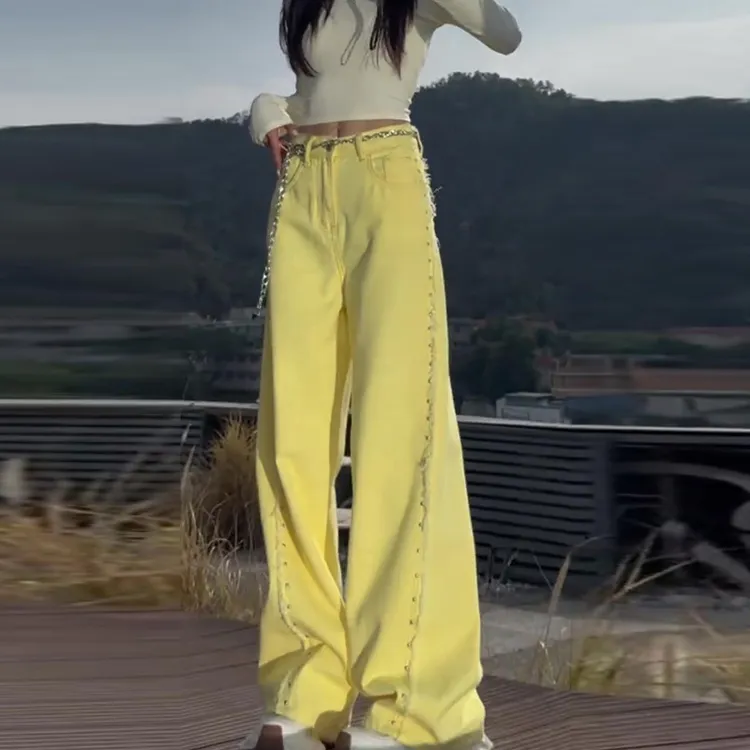 韩版时尚高街设计感牛仔裤女2025春夏新款遮肉显瘦高腰阔腿直筒裤