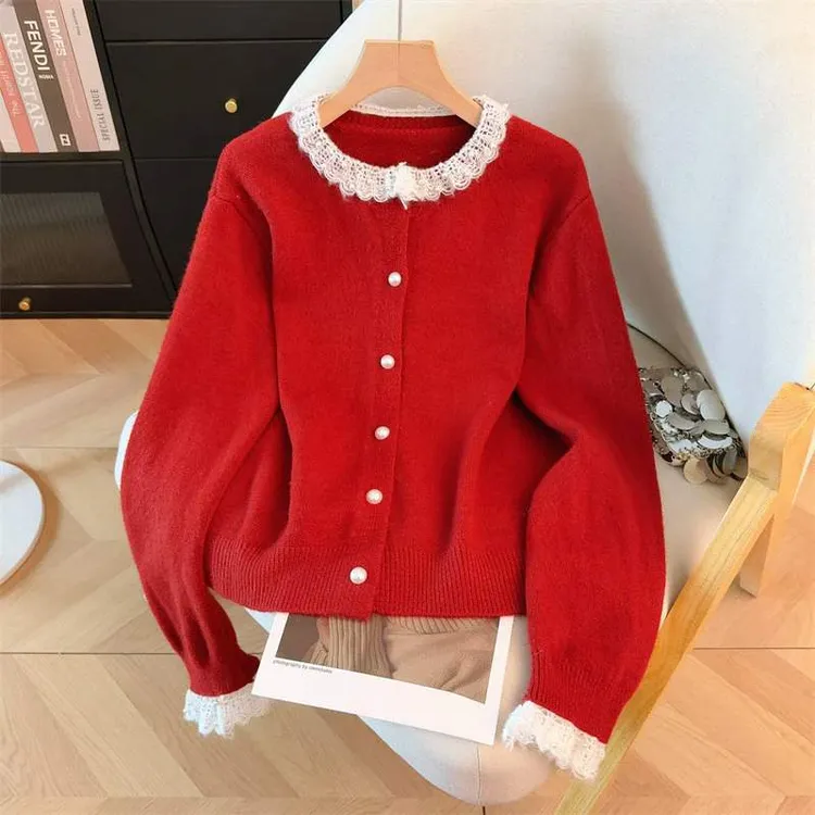 韩系蕾丝钉珠花边红色毛衣开衫女2025春季洋气减龄宽松针织衫外套