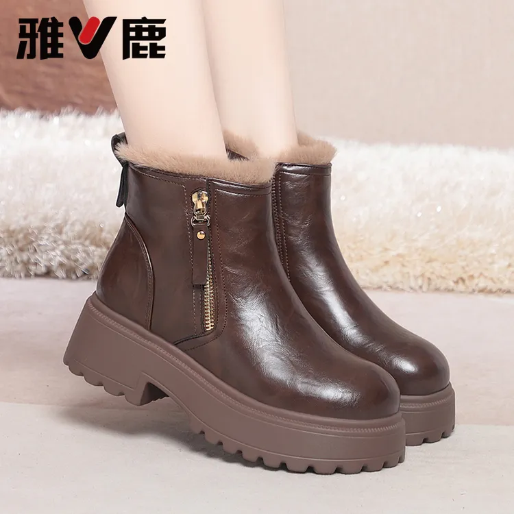 【雅鹿】冬季新款短靴女加绒保暖马丁靴厚底防滑勃肯靴时尚百搭棉靴