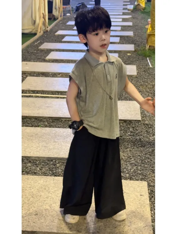 【品牌】男童中大童夏季韩版薄款休闲套装2025新款立领polo洋气套装