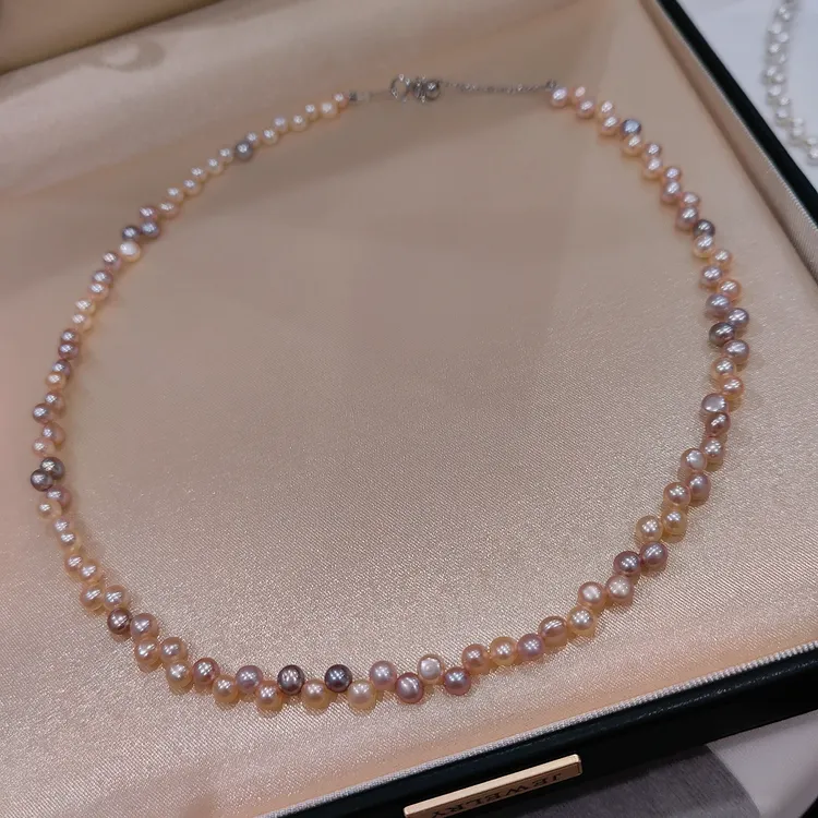 珍珠点位3-4mm 碎银子花瓣 莫兰迪色 项链锁骨链 S925银淡水珍珠