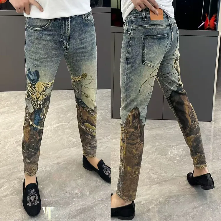 牛仔裤男春季爆款男裤时尚潮流印花长裤修身显瘦小脚裤男个性百搭