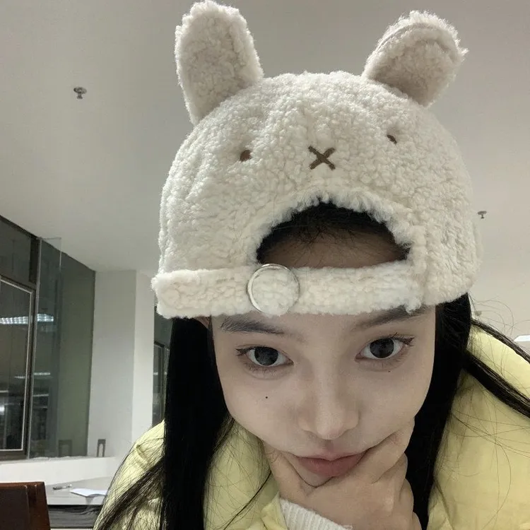 Miffy可爱米菲兔棒球帽正反两戴羊羔毛绒女冬季保暖显脸小鸭舌帽