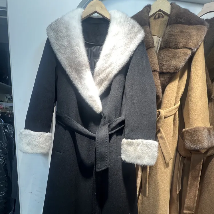商场同款加长版123水貂双面呢大衣秋冬女外套宽松加厚冬鹅绒内胆
