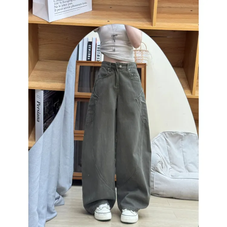 美式复古设计感大口袋弯刀牛仔裤女2025秋季新款高腰拖地阔腿裤子