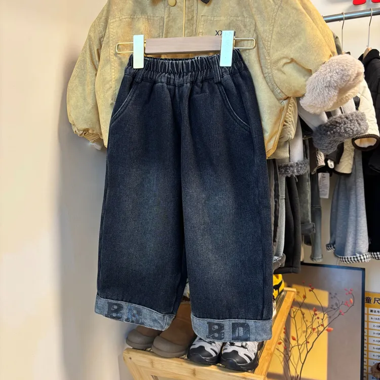 男童加绒裤子秋冬款新款宝宝休闲长裤冬季一体绒儿童加厚牛仔裤潮