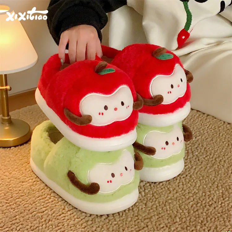 细细条 可爱红苹果包跟棉拖鞋女学生冬季保暖防滑居家毛绒月子鞋