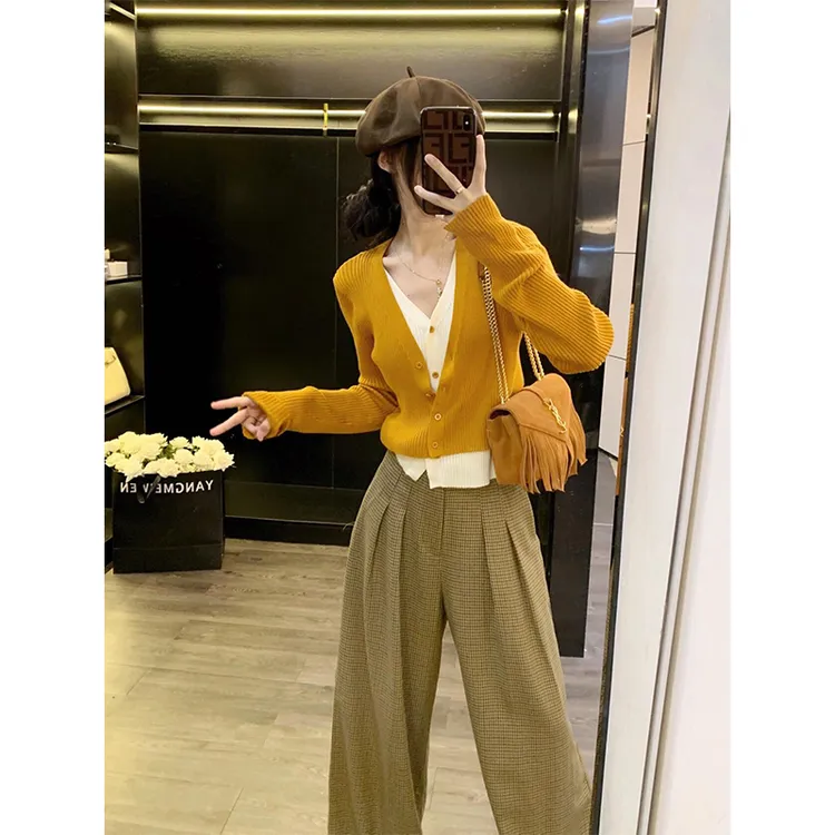 parkyeon设计感假两件针织开衫长袖上衣女秋季高腰显瘦休闲裤套装