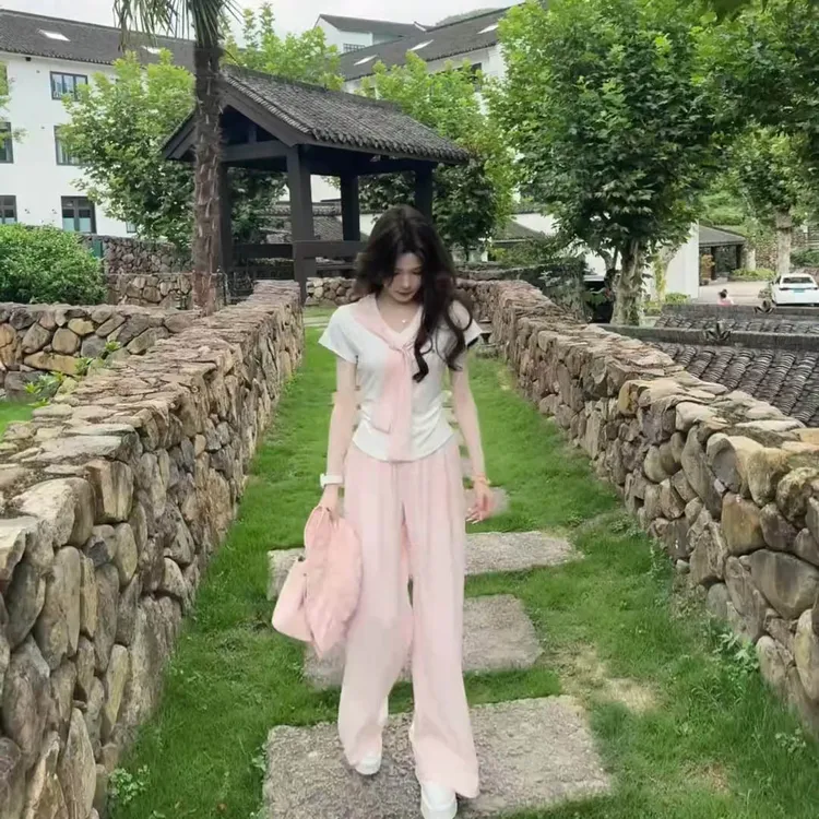 夏季搭配一整套法式慵懒风套装洋气短袖上衣休闲长裤两件套