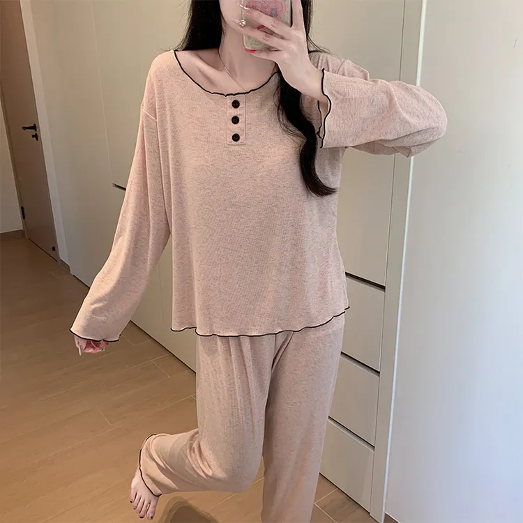2025春秋季新款纯色黑边长袖睡衣女带胸垫可外穿甜美风家居服套装