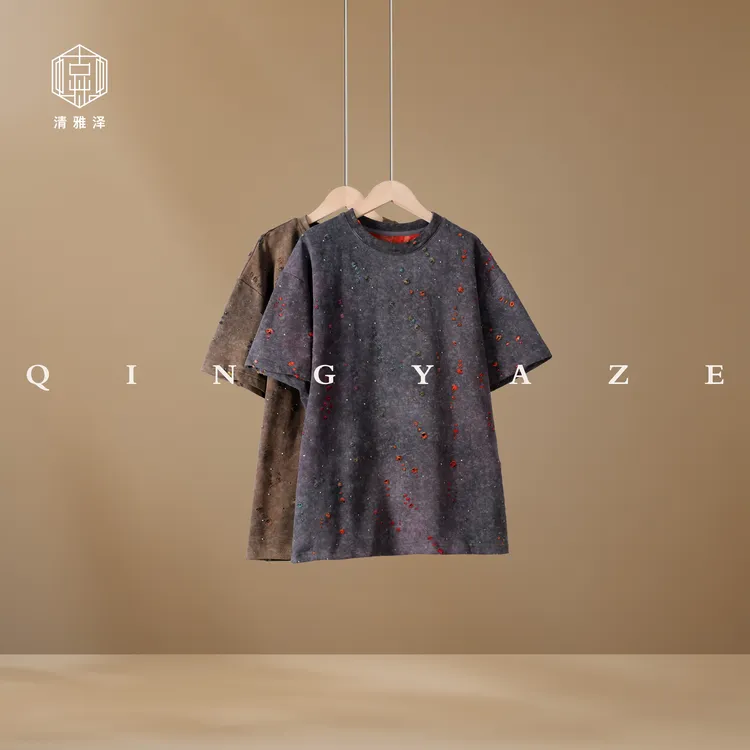 晚霞浪漫！重工镂空烫钻新中式短袖！GZ5794