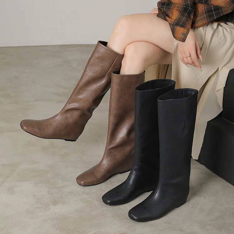 大筒围真皮时装靴长筒冬季时装长靴百搭高筒靴骑士靴方头复古秋冬