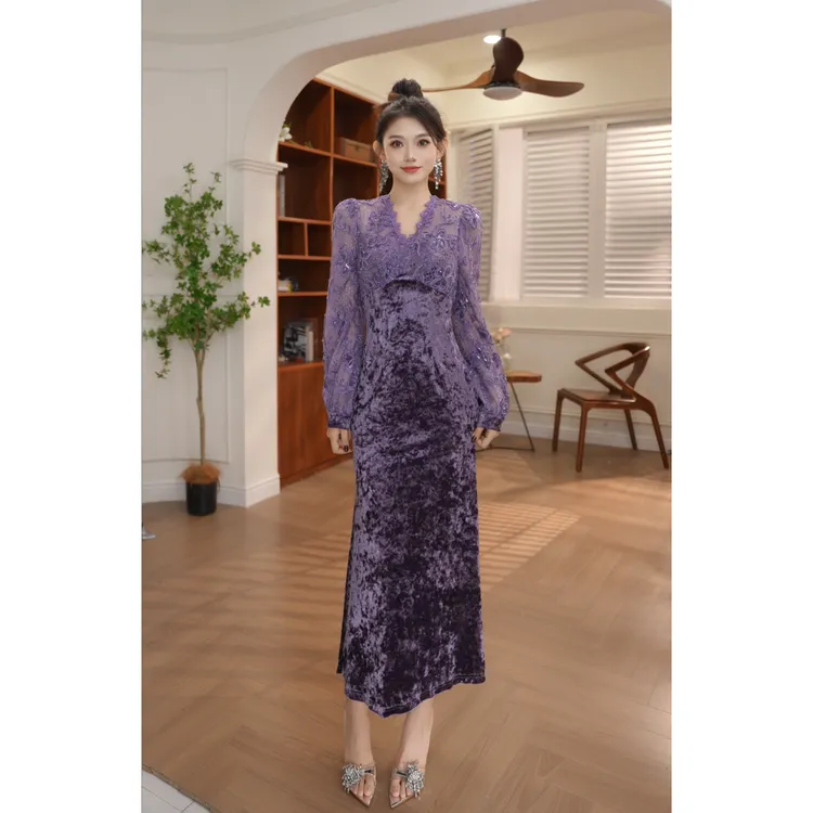 香见欢轻奢定制·复古气质长袖中式修身高贵连衣裙21968