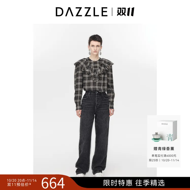 DAZZLE地素格子衬衫冬荷叶边长袖棉质2H4D503