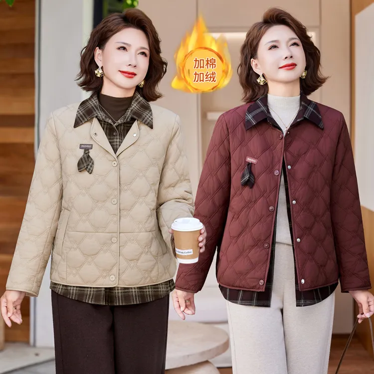 时尚妈妈秋冬加棉外套洋气小棉衣中老年女装加绒棉服休闲小棉袄
