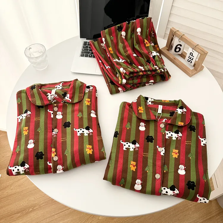 复古圣诞小狗条纹情侣睡衣秋冬季加厚保暖德绒宽松男生女生家居服