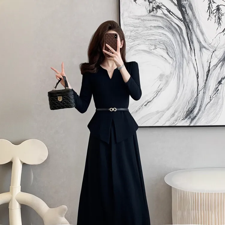 A【两件套】2025新春季黑色长袖女搭配一整轻奢高级感两件套D0299