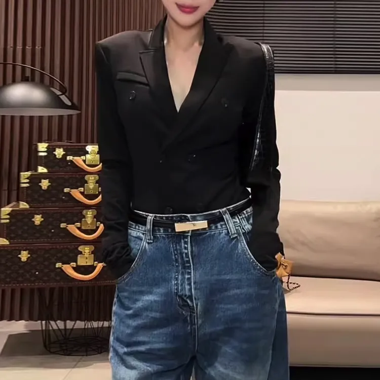 法式双排扣酷飒风气质西装女2025秋季新款修身显瘦高级感V领上衣