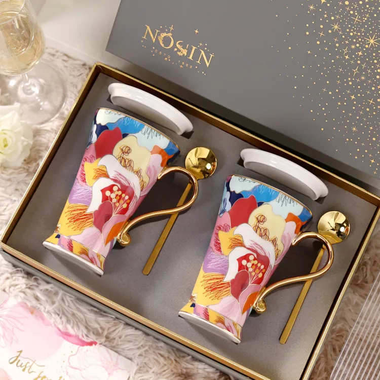 高档陶瓷田园情侣对杯马克杯一对水杯法式轻奢杯子套装高档