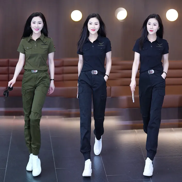 工装套装女款2025新款韩版洋气时尚翻领T恤修身显瘦工装裤两件套