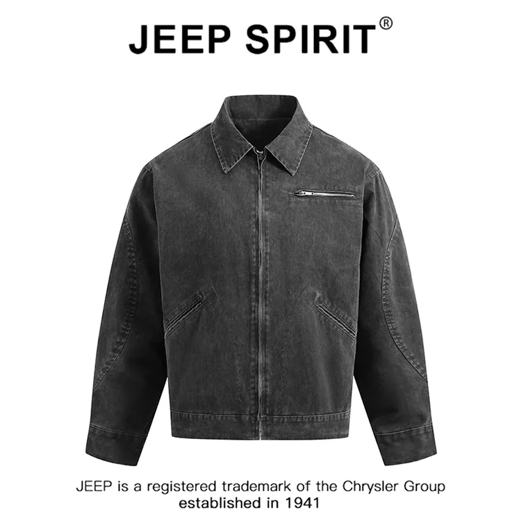 JEEPSPIRIT吉普黑色水洗牛仔夹克男款春秋款潮牌户外休闲工装外套