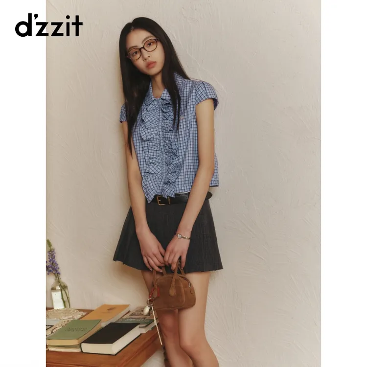 【刘浩存同款】dzzit地素短袖衬衫夏季格子纯棉上衣女3J2C2013T