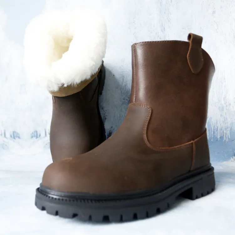 棕色冬季户外保暖加厚防滑东北皮毛一体棉靴羊毛棉鞋防寒蒙古马靴