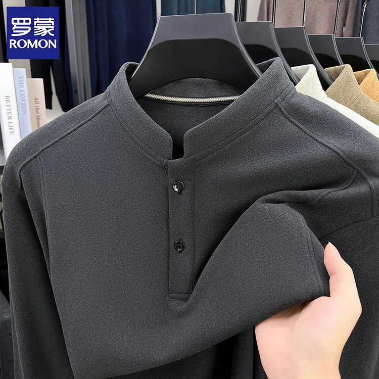 罗蒙秋冬季双面绒长袖T恤男立领纯色德绒休闲卫衣潮流男士打底衫