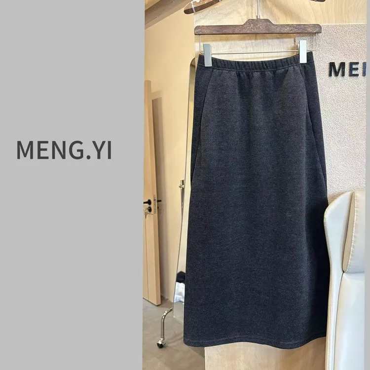 MENG.YI毛呢斜裁松紧腰半身裙5307