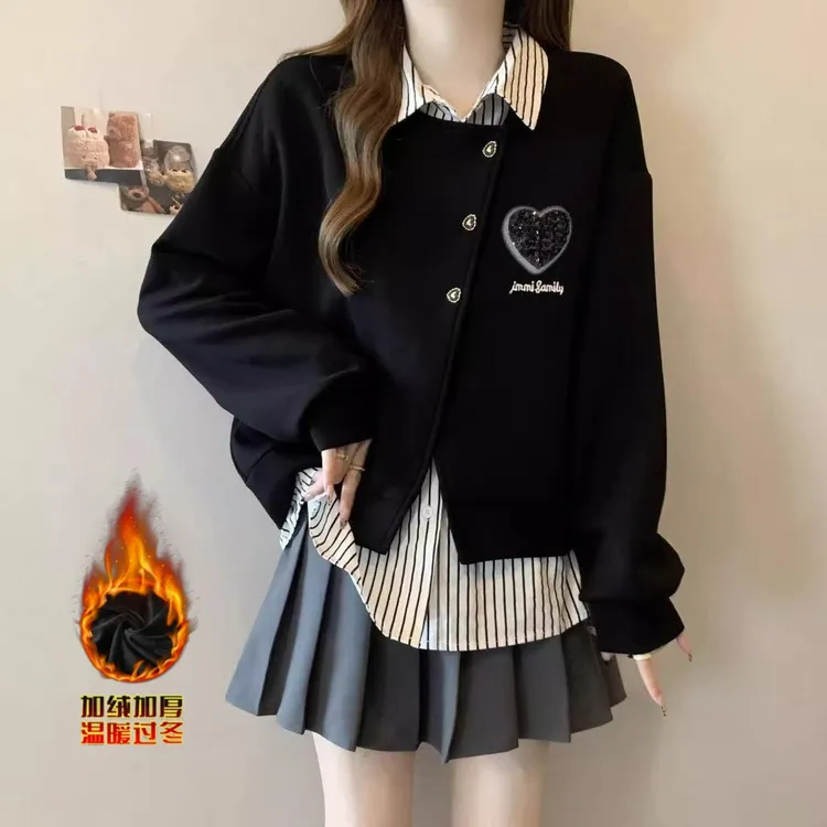 大码遮肚子假两件长袖加绒加厚卫衣女秋冬胖妹妹宽松显瘦正肩上衣