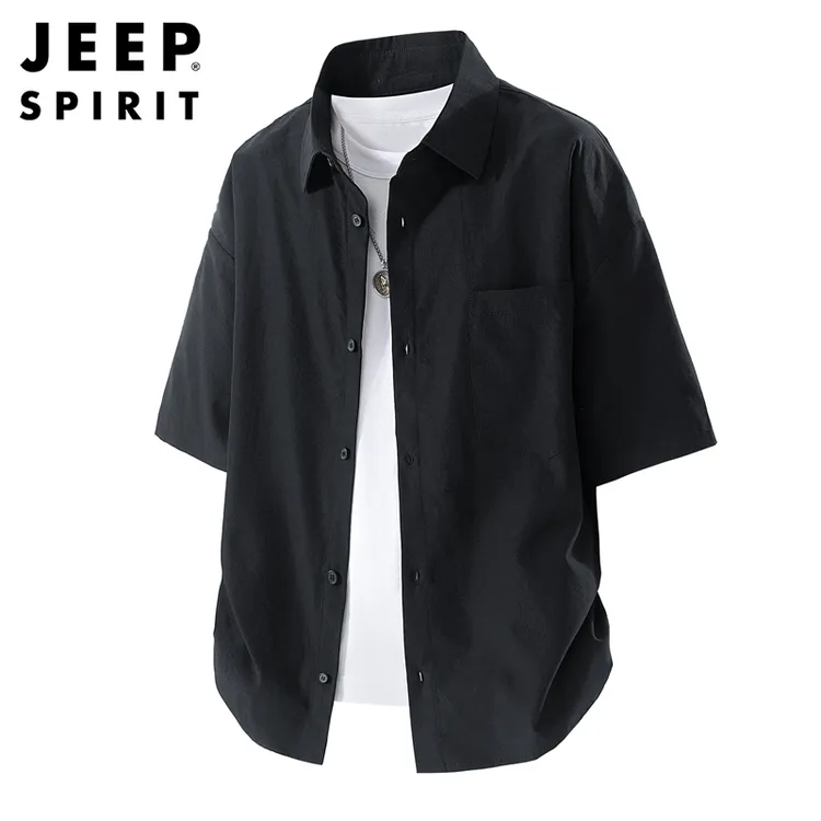 JEEPSPIRIT夏季纯色工装短袖衬衫男士新款文艺风帅气百搭薄款衬衣