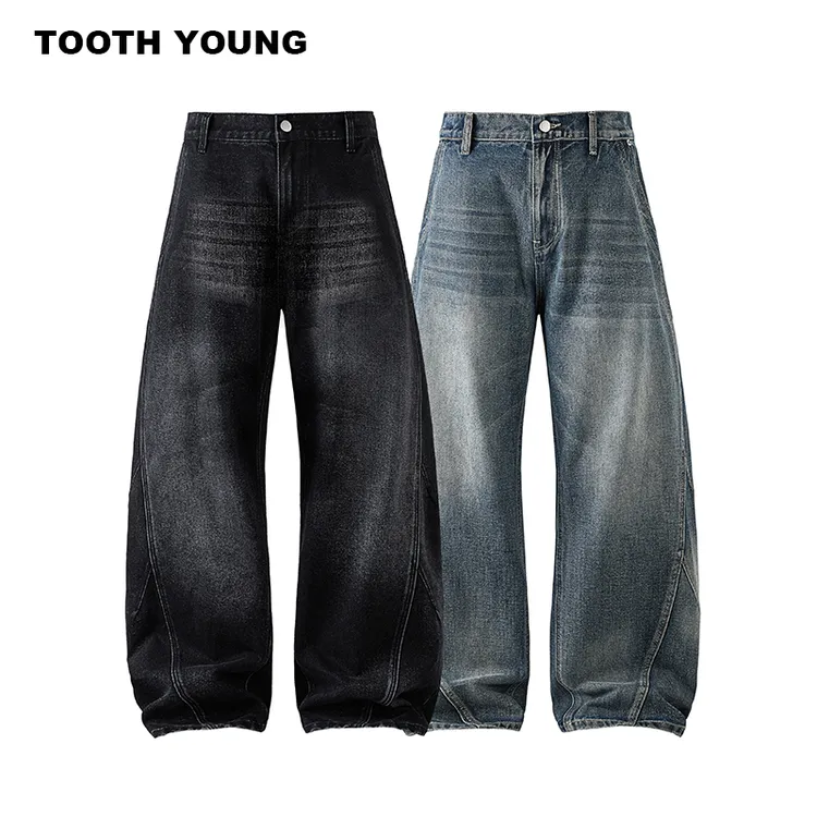 TOOTH YOUNG【街头入场券】水洗做旧高街男装秋季弯刀牛仔裤