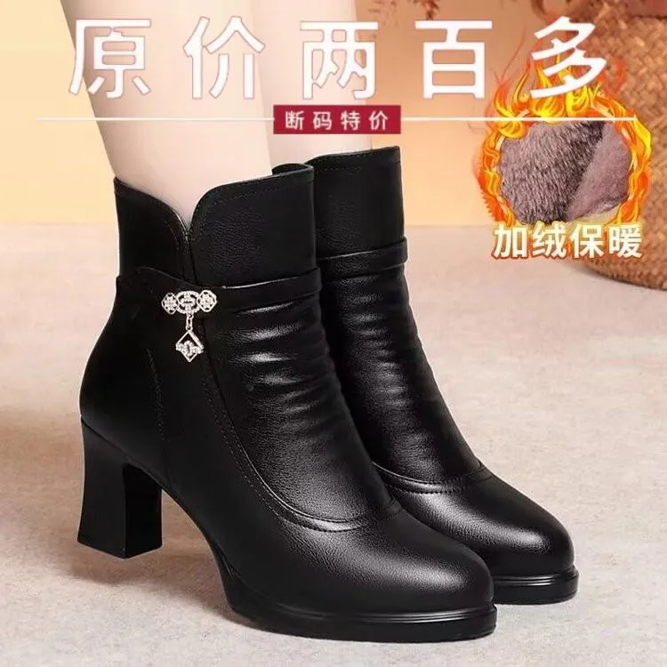 断码真皮加绒保暖粗跟短靴厚底防水台妈妈鞋高跟鞋女