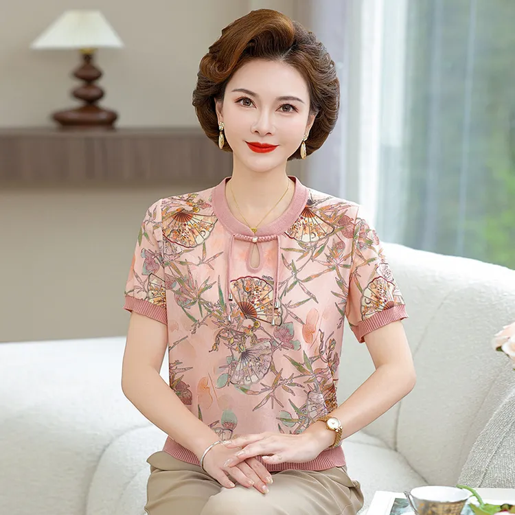 俞兆林母亲节妈妈夏装新款短袖T恤时尚冰丝上衣中老年女新中式国