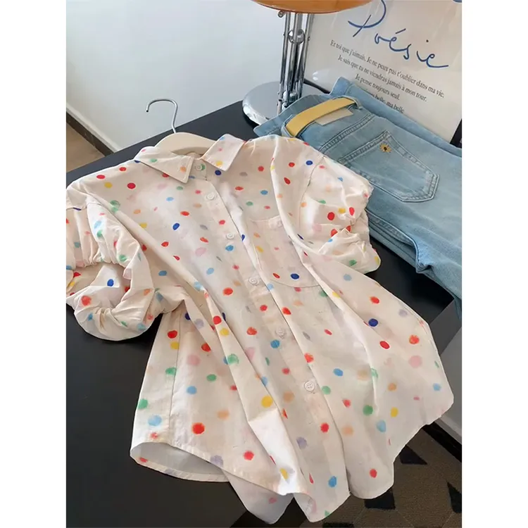 复古彩色波点翻领衬衣外套女2025新款小个子减龄轻薄开衫开始衬衫