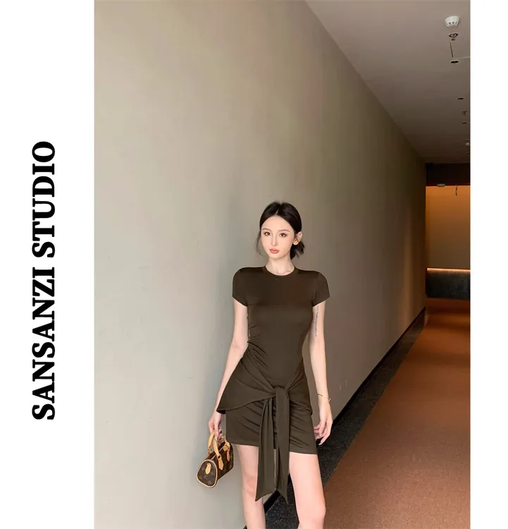 SANSANZI高级感复古气质短袖连衣裙女夏季修身显瘦性感包臀裙短裙