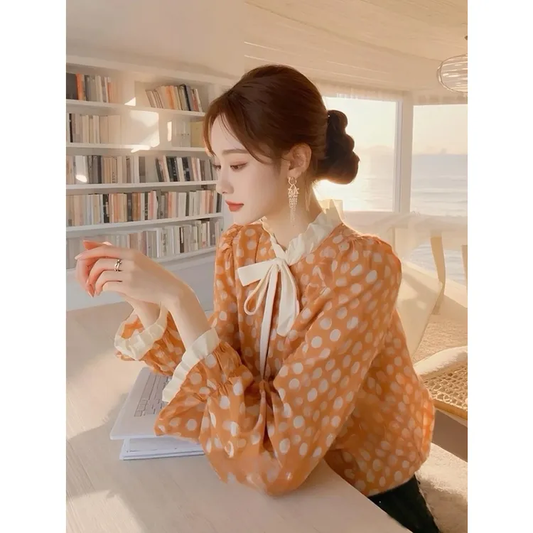橘色波点蝴蝶结衬衫女高级感轻奢独特漂亮小衫2025年开春新款上衣
