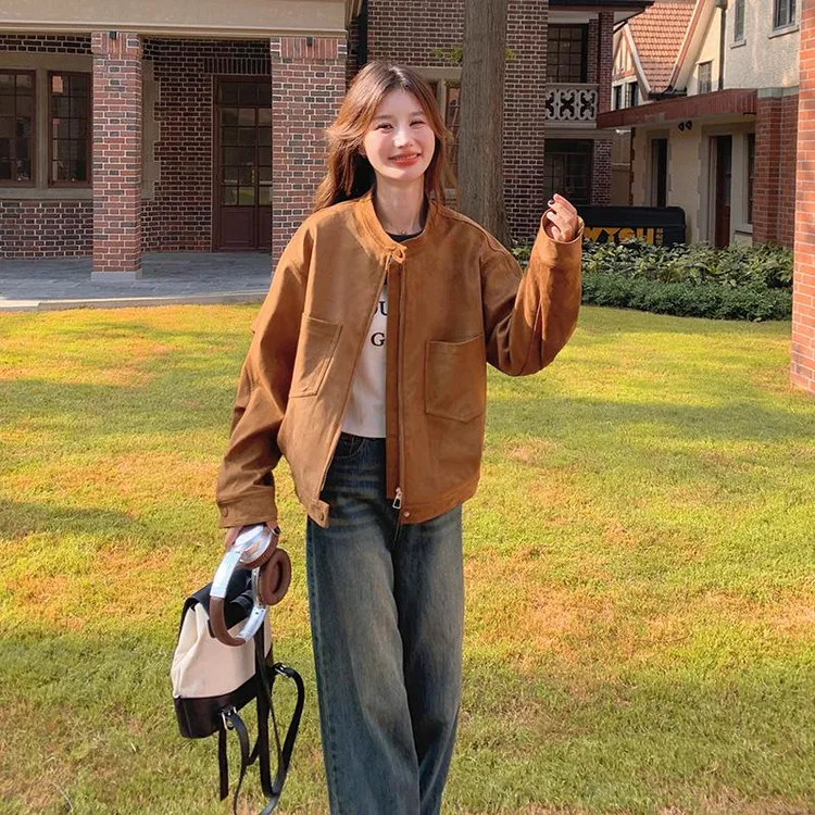 美拉德穿搭麂皮绒外套女春秋2025新款雅丹风时尚工装短款夹克上衣
