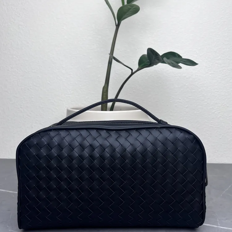 b$v男士手工编织大手提双拉洗漱包便携时尚百搭真皮商务