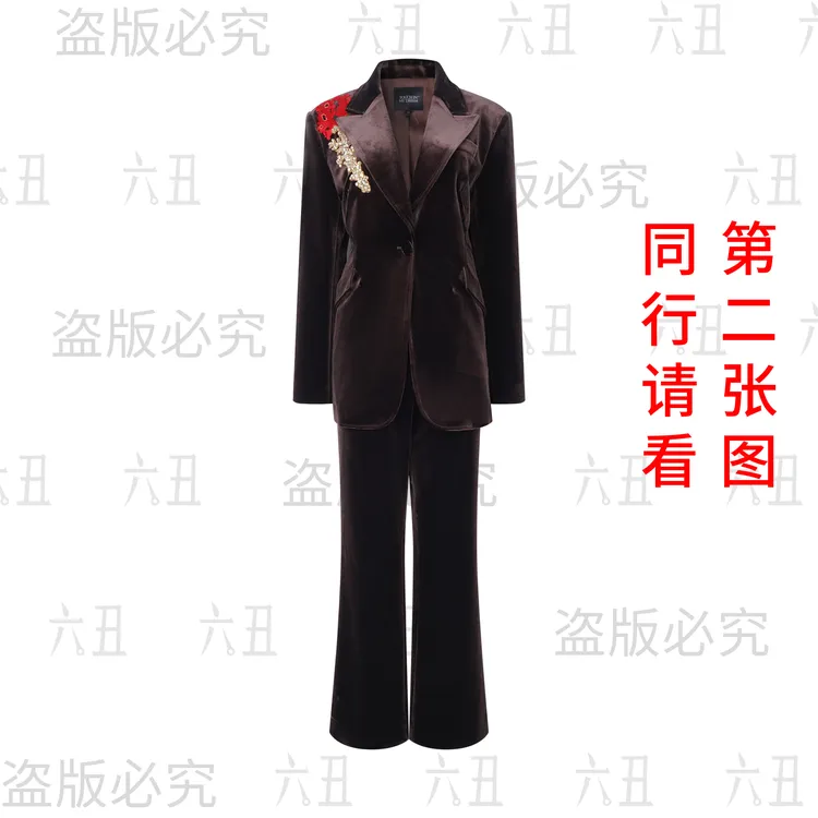 六丑高定套装【珊瑚颂】新款高级一粒扣肩部钉珠丝绒套装512ATZ0199