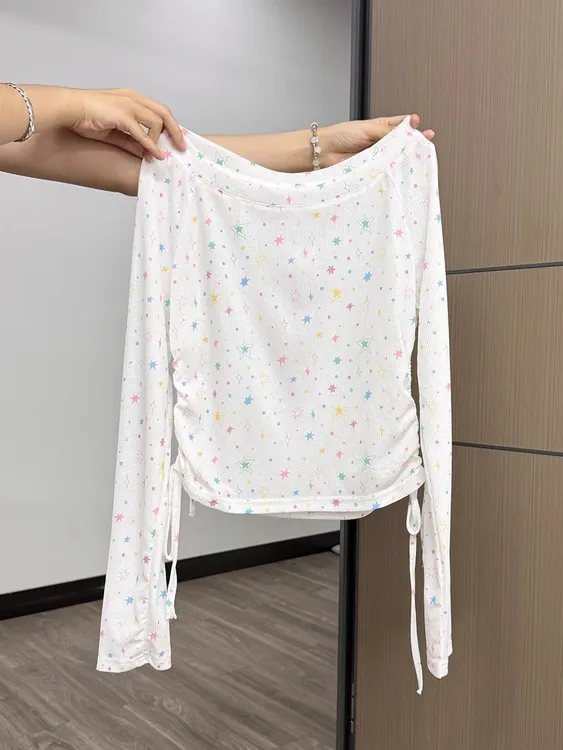星星碎花罩衫长袖T恤女夏季新款一字领宽松多巴胺显瘦收腰上衣潮