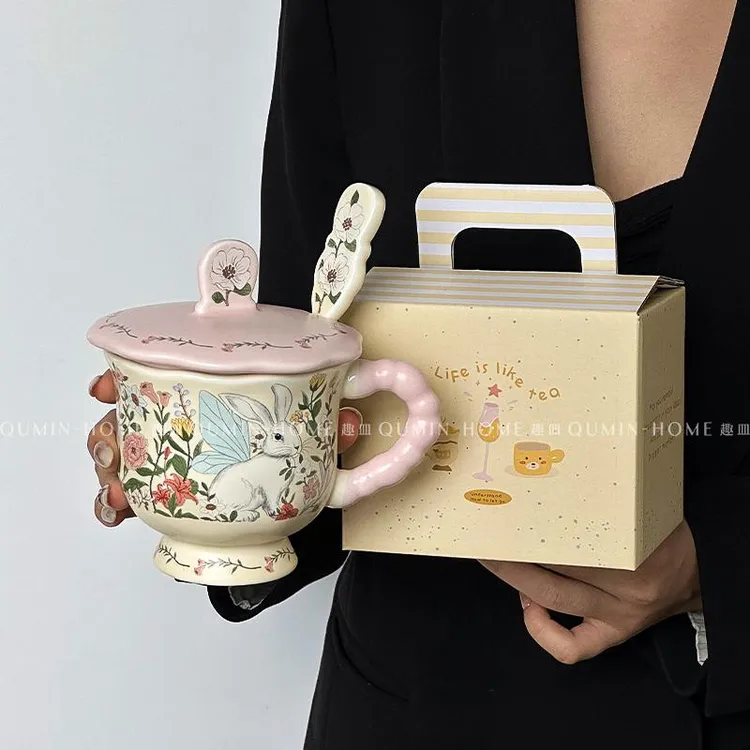趣皿可爱马克杯卡通带盖带勺陶瓷杯情侣水杯咖啡杯子送女生伴手礼
