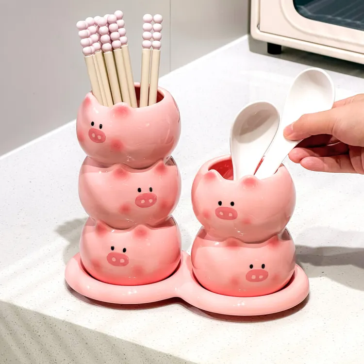 川岛屋可爱沥水筷子筒家用高档新款厨房陶瓷勺筷子收纳盒沥水防霉