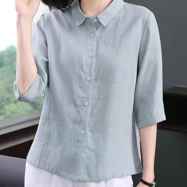 七分袖棉麻衬衫女2025年夏季高端翻领减龄洋气时尚宽松打底上衣