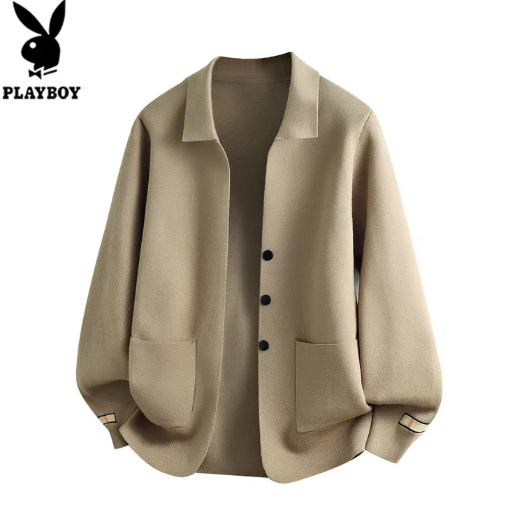 花花公子高级感刺绣休闲开衫针织衫秋季新款百搭翻领上衣毛衣外套